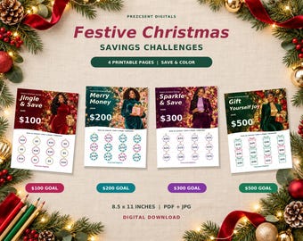 May include: Four printable Christmas savings challenge pages with the text Festive Christmas Savings Challenges. Each page features a unique goal of $100, $200, $300, or $500, with corresponding icons to color in as savings progress. The digital download is 8.5 x 11 inches.