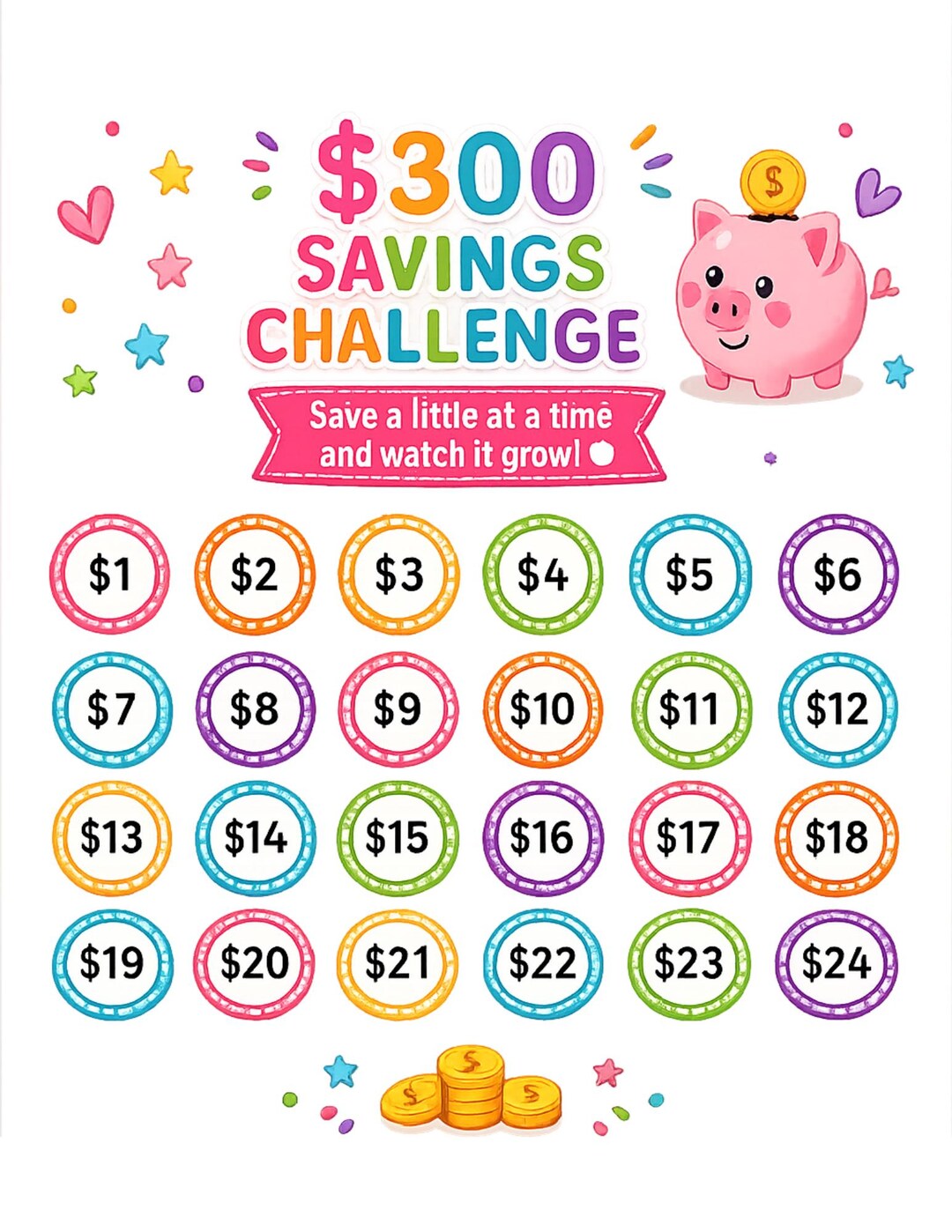 Savings Challenge 300 Dollar Printable | Piggy Bank Savings Tracker ...