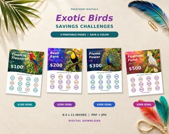 May include: Four printable savings challenge pages titled Tropical Treasure, Beak Bank, Plume Power, and Feather Fund. Each page features a bird image, a savings goal of $100 to $500, and circles to color in. Text includes 8.5 x 11 inches.