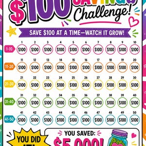 May include: Colorful $100 Savings Challenge chart. The chart has 50 circles, each representing a $100 savings goal. The text reads "Save $100 at a time - watch it grow!" and "You saved: $5,000!"