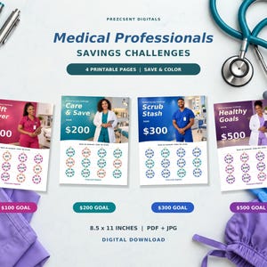 May include: Four printable medical savings challenge pages with the text Medical Professionals Savings Challenges. Each page features a healthcare worker and circles to color for savings goals of $100, $200, $300, and $500. Includes pens and a stethoscope.