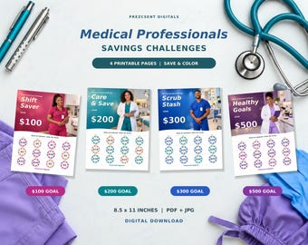 May include: Four printable medical savings challenge pages with the text Medical Professionals Savings Challenges. Each page features a healthcare worker and circles to color for savings goals of $100, $200, $300, and $500. Includes pens and a stethoscope.