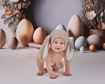 RTS, ready to ship, bunny bonnet, soft fuzzy alpaca handknit hat, long ears, round back hat, Easter photo prop, choose a color