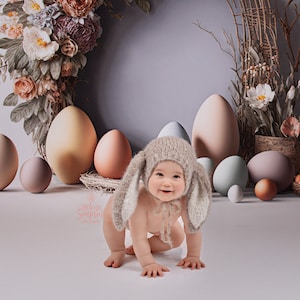 RTS, ready to ship, bunny bonnet, soft fuzzy alpaca handknit hat, long ears, round back hat, Easter photo prop, choose a color