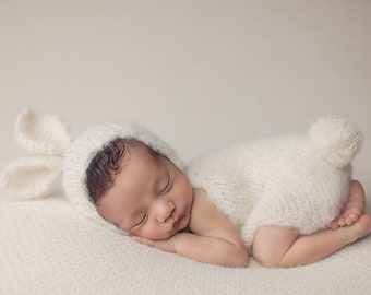 Newborn bunny set, bonnet and romper set, newborn alpaca hat, ears, round back bonnet, newborn outfit, Easter photo prop