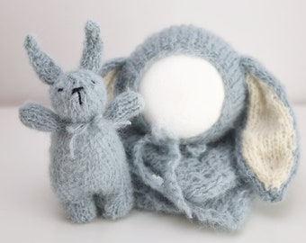 Newborn bunny set, bonnet and wrap set, alpaca hat, round back bonnet, newborn outfit, Easter photo prop