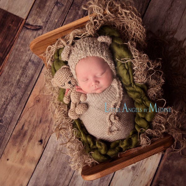 Teddy hat, newborn teddy outfit, soft thin teddy bear bonnet, bunny hat, hand knit boucle, gender neutral newborn photography prop