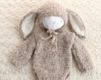 Bunny hat and romper, bonnet, fuzzy alpaca hat, ears, newborn bunny set, sitter set, 6-12 months, Easter outfit, newborn, Easter photo prop