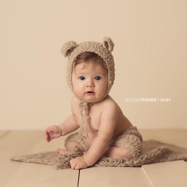 RTS, tenue de gardienne, ensemble chapeau et pantalon ours en peluche, 6 - 12 mois, enfant en bas âge neutre en boucle souple tricoté à la main, accessoire photo 1-2 ans, nouveau-né