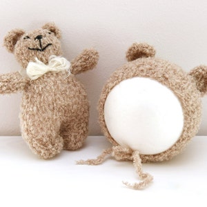 Teddy bear and hat set, small handknit newborn new baby softie, stuffie, soft toy, photo prop and bonnet, gender neutral - choose a color