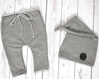 Gray fabric newborn sleep knot hat and pants set, sleepy hat with button, thin soft baby boy outfit, newborn photo prop