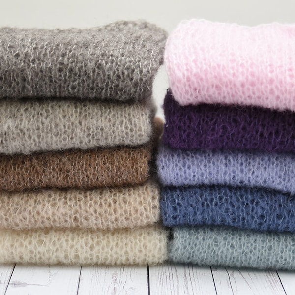 Brushed alpaca silk wrap, newborn fuzzy mohair layer, soft loose knit newborn photography prop - choose a color