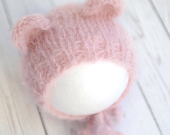 RTS, Teddy bonnet, fuzzy alpaca handknit hat newborn round back hat photography prop, newborn outfit - ready to ship