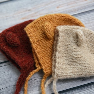 Listo para enviar, RTS, gorros de osito de peluche para recién nacidos, trigo, gorro tejido a mano suave con orejas, atuendo de otoño, animal, accesorio para fotos de recién nacidos, elija un color