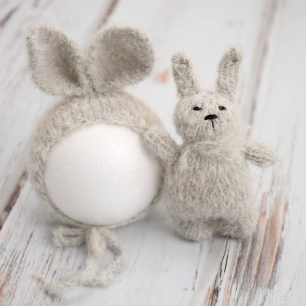 Newborn bunny set, bonnet and bunny toy, softie, stuffie, newborn alpaca hat, ears, round back bonnet, newborn outfit, Easter photo prop