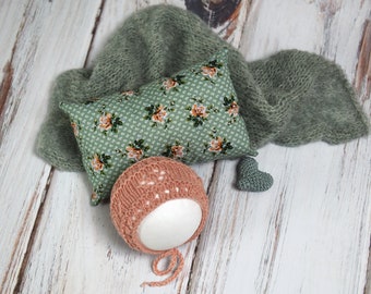 Bonnet, wrap, posing pillow and heart set, sage green, newborn outfit, alpaca, hand knit newborn photo prop, gender neutral