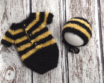 Bumble bee set, bonnet and romper set, newborn outfit, sitter, newborn hat and romper, yellow and black fuzzy alpaca outfit