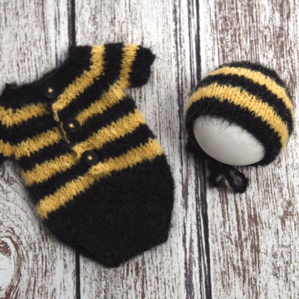 Bumble bee set, bonnet and romper set, newborn outfit, sitter, newborn hat and romper, yellow and black fuzzy alpaca outfit