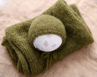 RTS, Bonnet and wrap set, hand knit newborn round back bonnet and long mohair wrap, newborn outfit - ready to ship