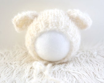 RTS, ready to ship, little lamb bonnet, Easter outfit, soft fuzzy alpaca hand knit hat, newborn round back hat photo prop