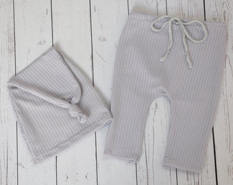 Silver gray fabric newborn sleep knot hat and pants set, thin soft striped baby boy outfit, newborn photo prop