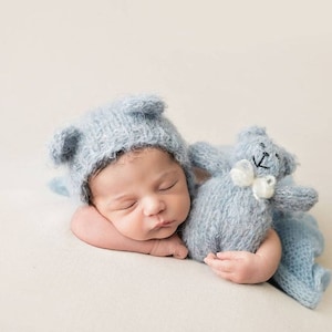 Teddy bear and hat set, small handknit newborn new baby softie, stuffie, soft fuzzy mohair toy, photography prop and bonnet- choose a color
