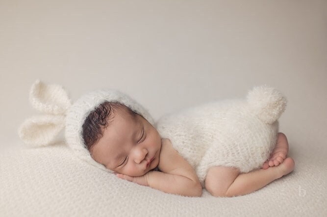 Newborn bunny set, bonnet and romper set, newborn alpaca hat, ears, round back bonnet, newborn outfit, Easter photo prop