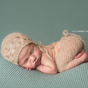 Pants and bonnet set, fuzzy alpaca silk light brown pants and hat thin hand knit mohair newborn boy girl unisex photo prop - choose a color