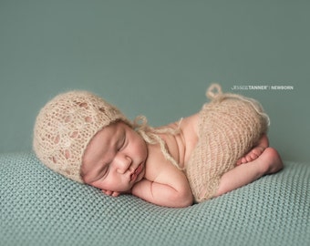 Pants and bonnet set, fuzzy alpaca silk light brown pants and hat thin hand knit mohair newborn boy girl unisex photo prop - choose a color