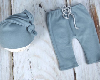 Blue fabric newborn sleep knot hat and pants set, soft baby boy outfit, pants, jersey newborn photo prop