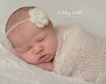 Mohair wrap and flower tieback set, milky white loosely knit newborn layer and matching crochet headband photo prop