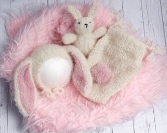 Bunny set, bonnet and romper set, newborn alpaca set, bunny bonnet, newborn outfit, sitter bunny outfit, Easter photo prop, choose a color