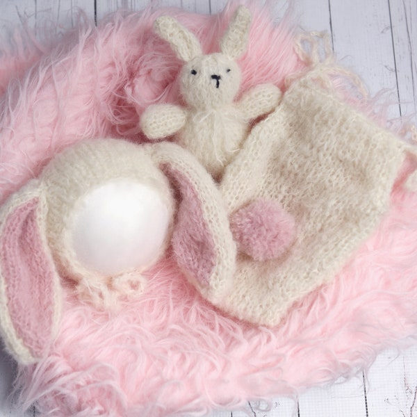 Bunny set, bonnet and romper set, newborn alpaca set, bunny bonnet, newborn outfit, sitter bunny outfit, Easter photo prop, choose a color