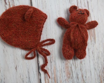 Rust red newborn teddy bonnet, orange, brown, hand knit bonnet with ears, stuffie, autumn outfit, newborn photo prop