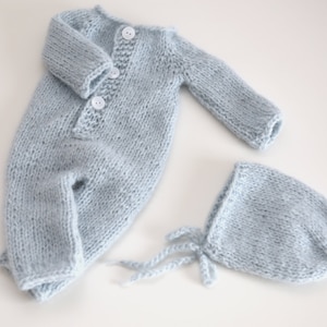 Newborn romper and bonnet set, newborn outfit,overalls, boy, sky blue, light blue, newborn photo prop, choose a color