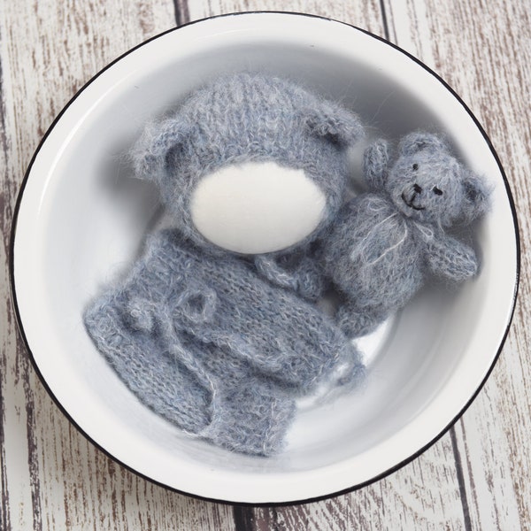 Teddy bear, hat and pants set, newborn teddy outfit, small handknit softie, stuffie, fuzzy alpaca, photo prop and bonnet