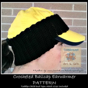 May include: Crocheted black ear warmer attached to a yellow baseball cap. The ear warmer is crocheted in a chevron pattern. The text "Crocheted Ballcap Earwarmer PATTERN Toddler-Child and Teen-Adult sizes included" is at the bottom of the image.