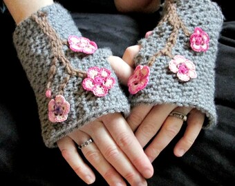 PATTERN CROCHET Charming Cherry Blossom Fingerless Mitts Toddler-Adult XL