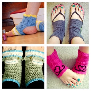 May include: Four pairs of crocheted ankle warmers in different colors and designs. The first pair is blue and yellow, the second pair is gray, the third pair is green with a monkey face design, and the fourth pair is pink with a heart design.