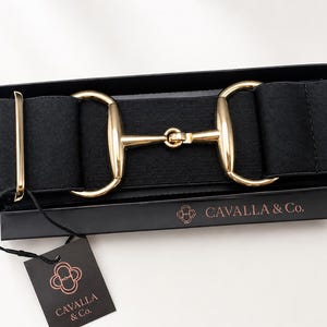 Black Equestrian Stretch Belt with Gold Snaffle Bit Buckle, 2 Inch Elastic Riding Belt for Horse Shows