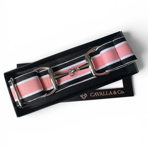 Black Pink Stripe Equestrian Stretch Belt with Silver Snaffle Bit Buckle. Horse Riding Belt Gift for Horse Riders