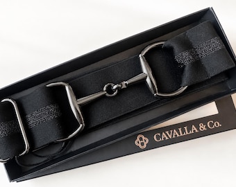 Black Equestrian 1.5 inch Striped Glitter Stretch Belt with Hematite Snaffle Bit Buckle. Gift for Horse Girls.