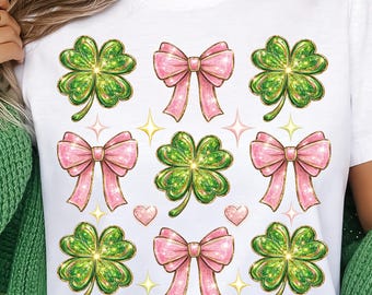 Día de San Patricio PNG, Coquette Día de San Patricio PNG, Diseño de trébol con lazo rosa, Día de San Patricio, Pincelada PNG, Trébol irlandés, Suerte png