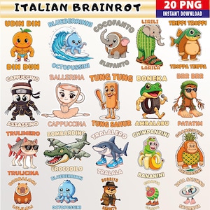 Brainrot PNG - Italian Brainrot PNG Bundle, Naklejki Brainrot do druku, Zabawne postacie z memami Brainrot, Tung Tung Sahur, Tralalero Tralala