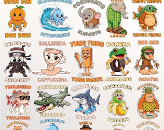 Brainrot PNG - Paquete de PNG de Brainrot italiano, pegatinas de Brainrot imprimibles, divertidos personajes de memes de Brainrot, Tung Tung Sahur, Tralalero Tralala