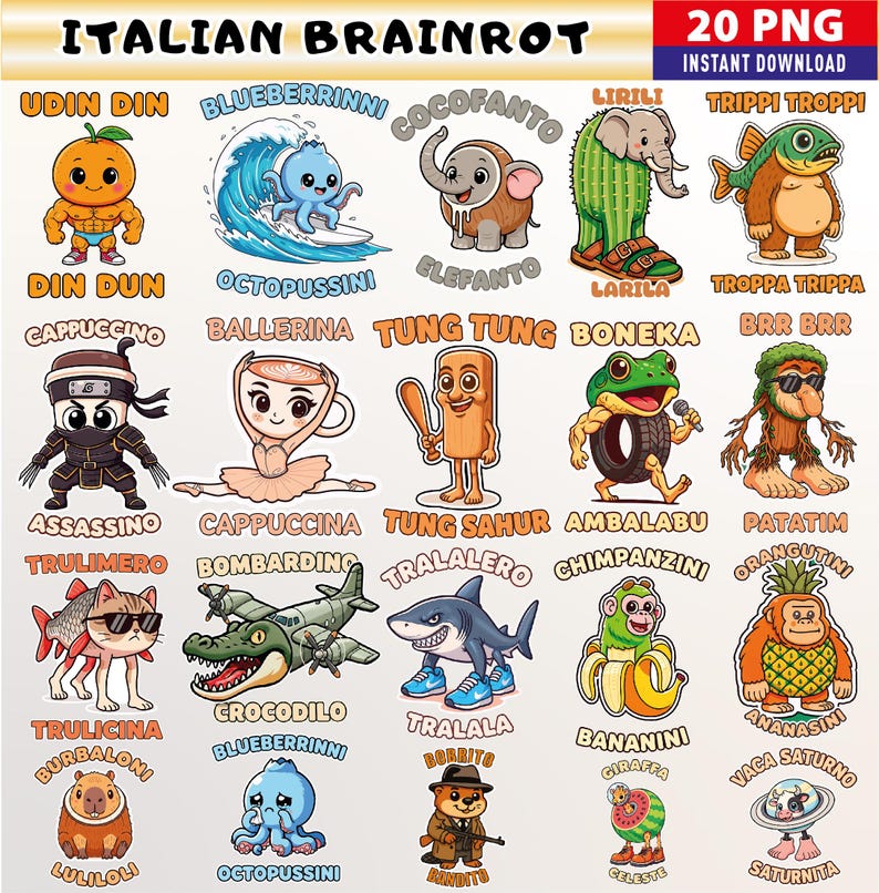 Brainrot PNG - Pacote de PNGs Brainrot Italianos, Adesivos Brainrot para Imprimir, Personagens Engraçados do Meme Brainrot, Tung Tung Sahur, Tralalero Tralala imagem 1