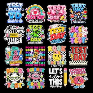 Può includere: Una collezione di adesivi colorati con testo e grafica a tema test. I disegni includono matite, ciambelle e frasi incoraggianti come "Rock This Test" e "Crush It!"
