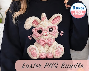 Paquete PNG de Feliz Pascua, clipart de conejito de Pascua amigurumi de ganchillo, 6 PNG de conejito preppy para camisetas de Pascua, niños y niñas, descarga instantánea