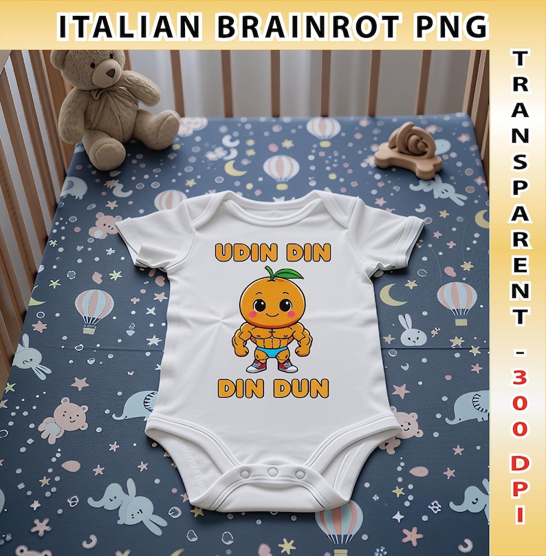 Pode incluir: Body de beb&eacute; branco com o texto "UDIN DIN DIN DUN" e uma personagem de laranja de desenho animado com bra&ccedil;os musculosos. O body est&aacute; sobre um len&ccedil;ol azul estampado com ursinhos de pel&uacute;cia e brinquedos de madeira.