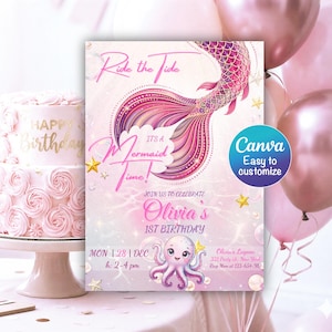 Mermaid Birthday Invitation, Editable Mermaid Bash Under the Sea Birthday Invite, Mermaid Party Invite, Mermaid Tail Invitation, Canva
